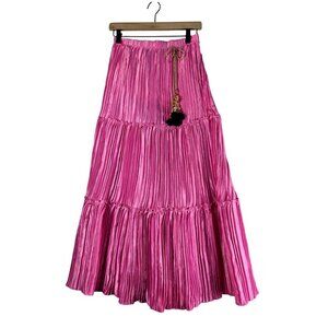 Maxi Skirt Pink Broomstick Tiered SatinLike W26" Gold Tassel Boho Festival